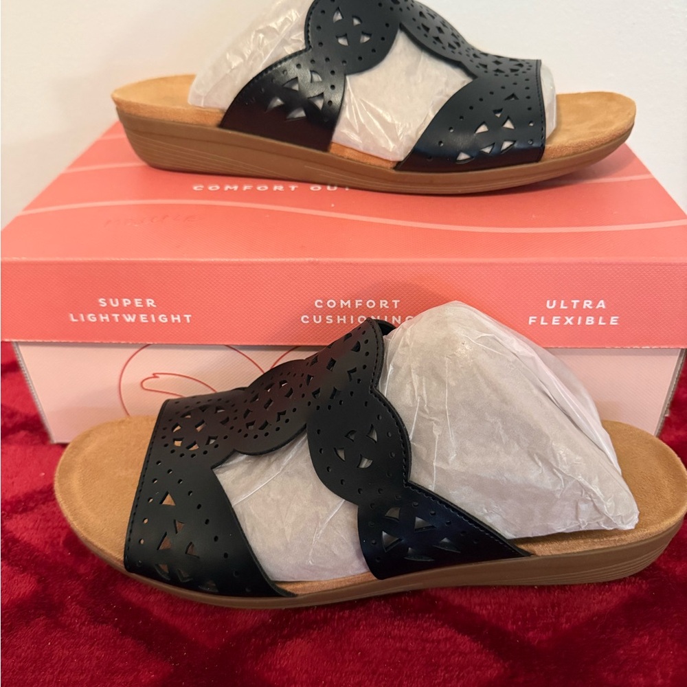 Easy Spirit Black Laser-Cut Slide Sandals